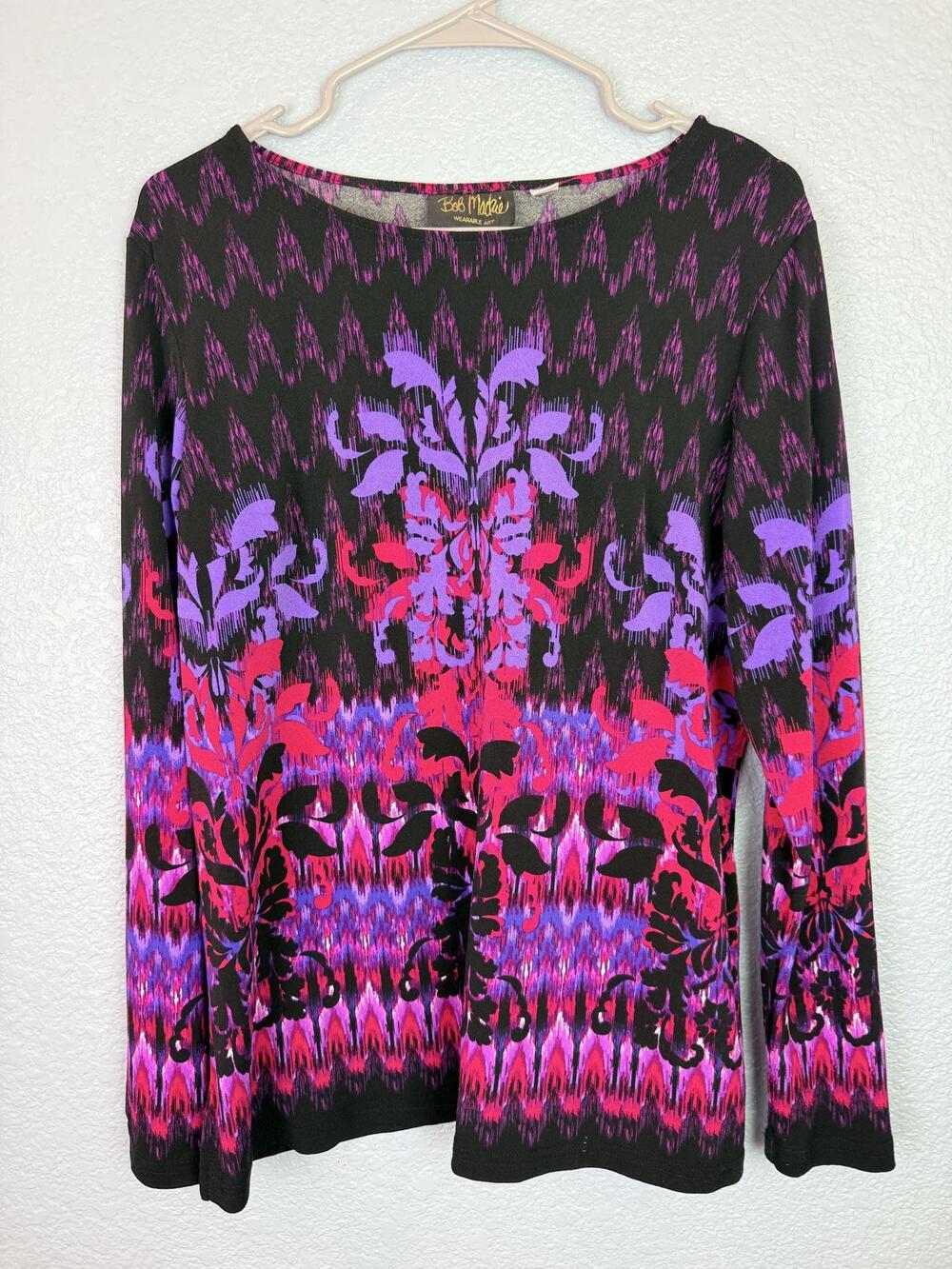 Bob Mackie Wearable Art Shirt Womens Medium Black Purple Floral Long Sleeve Top